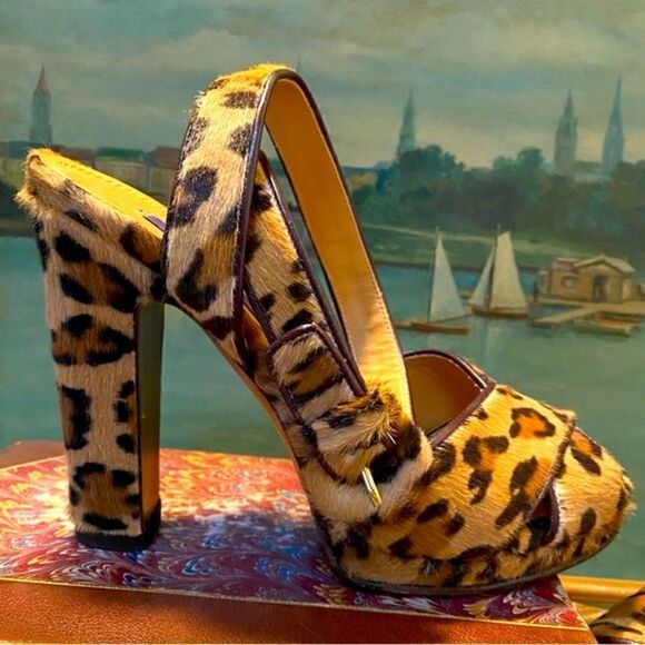 Ralph Lauren Collection Leopard Print Kelsey Pony Hair Calf Platform Sandal - Picture 9 of 16